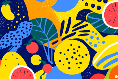 A lively fusion of citrus fruits and tropical leaves in a colorful abstract patternの素材