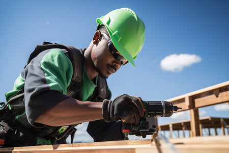 A construction worker in safety gear using a cordless drill on a sunny day.の素材