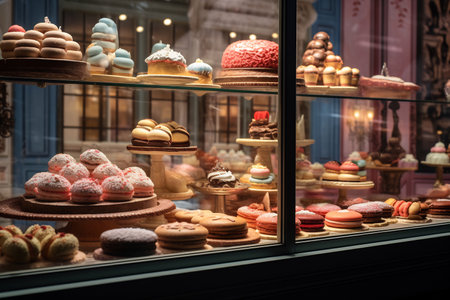 Vintage-inspired bakery window filled with an assortment of classic French pastries and cakesの素材