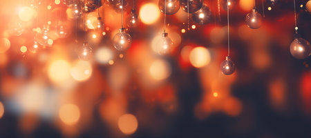 Close-up of glowing bulbs with warm bokeh lights in the backgroundの素材