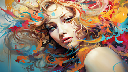 A vibrant abstract portrait with dynamic swirls of colorの素材