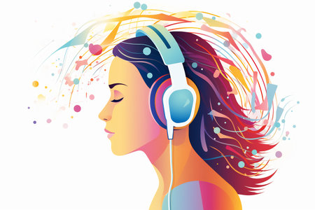 A person in headphones with a vibrant swirl of musical elementsの素材
