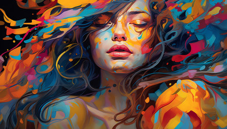 A mesmerizing portrait of a woman enshrouded in a whirlwind of dreamlike colorsの素材