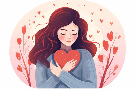 Illustration of a woman love myself. Fall in love, emoji, facial expression, emotional face. Flat style illustration. Hearts.の素材