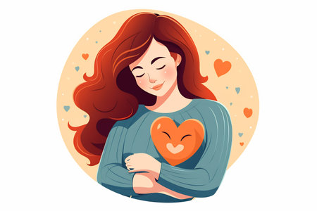 Illustration of a woman love myself. Fall in love, emoji, facial expression, emotional face. Flat style illustration. Hearts.の素材