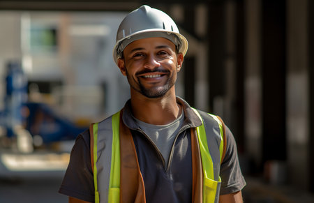 Friendly foreman in a safety helmet and reflective vest posing in an under-construction interiorの素材