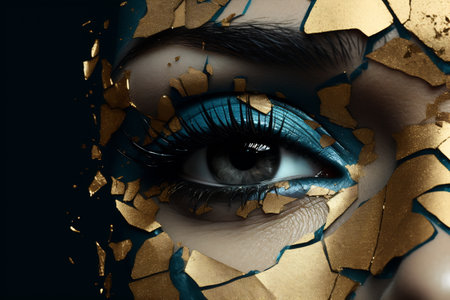 A macro shot of a woman's eye with bold teal eyeshadow and golden leaf fragments, exuding a sense of mystery and luxuryの素材