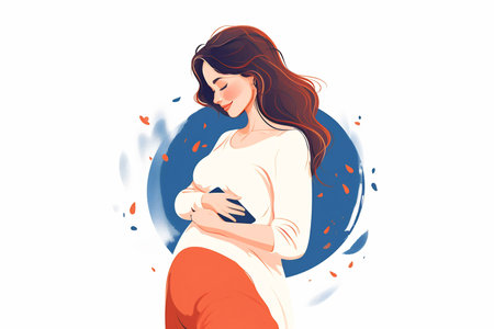 A serene pregnant woman embracing her belly, with abstract elements.の素材