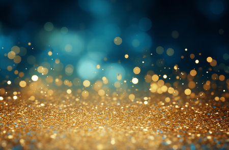 Luxurious golden sparkle and dust with a soft blue gradient bokeh effect in the backgroundの素材