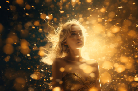 Portrait of a mesmerizing young woman surrounded by golden sparkles and bokehの素材