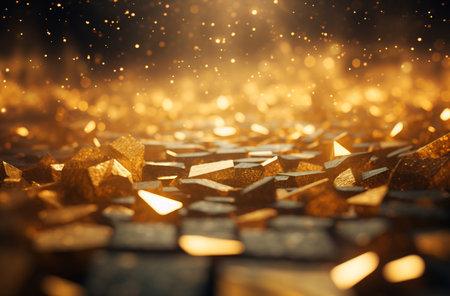 Warm glow of golden glitter with a soft bokeh effect creating an enchanting dreamscapeの素材