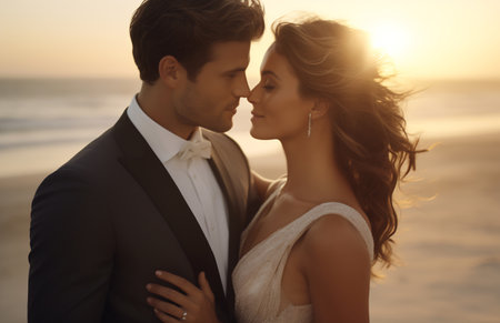 Close-up of a wedding couple on the beach, with golden sunset lightの素材