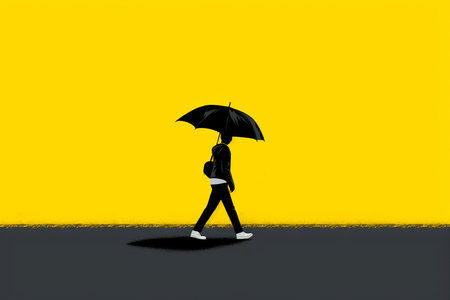 A lone figure with an umbrella walks against a bright yellow backdrop, rain falling.の素材