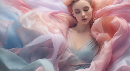 Portrait of a serene woman wrapped in a luxurious pastel silk fabric, depicting softness and eleganceの素材