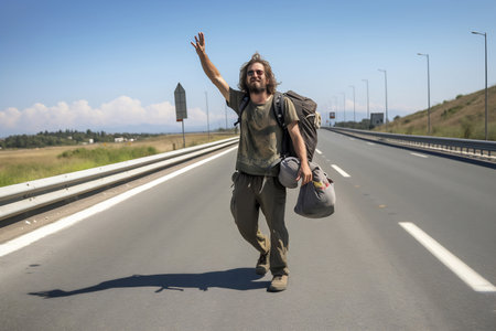 Young man hitchhiker with backpack, stands by mountain country road. Guy went on trip alone, trying to stop passing car. Travel concept.の素材