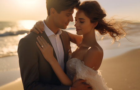 A loving couple in wedding attire shares a moment on the beach at sunset, with ocean waves in the background.の素材