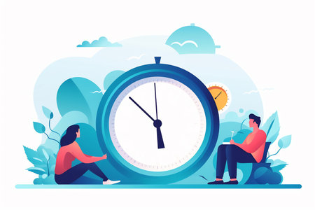 Illustration of people with a large clock, depicting concepts of time management, efficiency, and deadlinesの素材