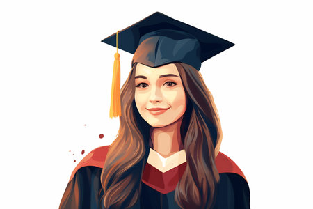 Artwork of a beaming female graduate in cap, with abstract background.の素材