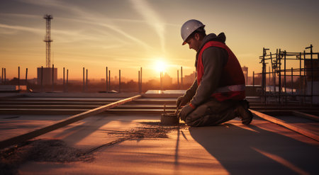 A construction worker meticulously laying concrete slabs during a serene sunset.の素材