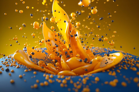 A close-up of a ball with orange liquid splashing.の素材