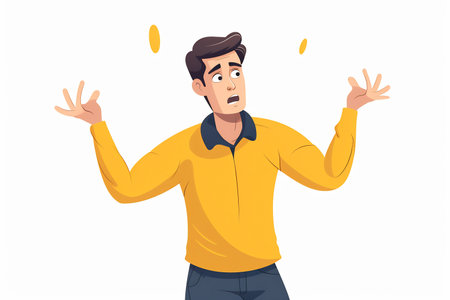 A young man with a perplexed expression shrugs in a minimalist flat illustration.の素材