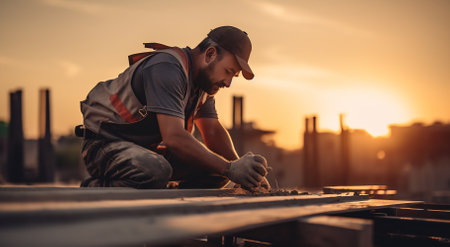 Man examining cracks on a concrete surface at sunset with cityscape in the backgroundの素材