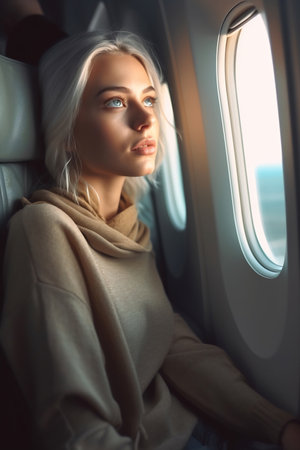 A young, fashionable woman gazes out of an airplane window, lost in thought.の素材
