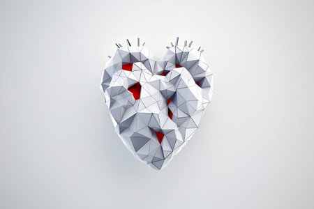 Low-poly heart with red accents on a clean white background.の素材