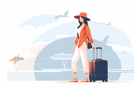 Stylish woman in chic travel attire with suitcase.の素材