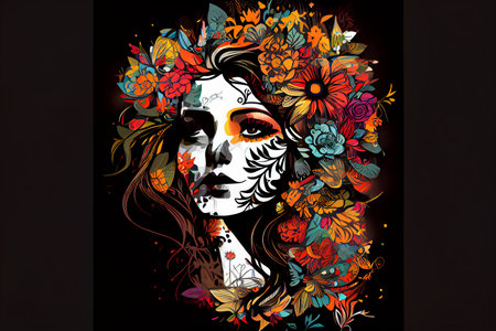 Abstract contemporary art collage portrait of a young woman with flowers on her head and hair.の素材