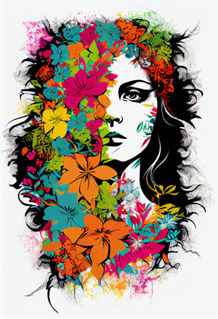 Abstract contemporary art collage portrait of a young woman with flowers on her head and hair.の素材