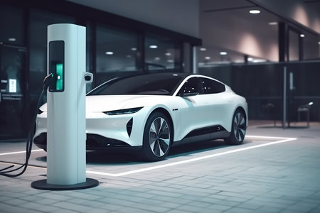 An electric vehicle or EV car at a charging station with the power cable supply plugged. Eco-friendly sustainable energy concept.の素材
