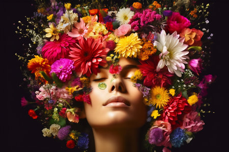 Abstract contemporary art collage portrait of a young woman with flowers on her head and hair.の素材