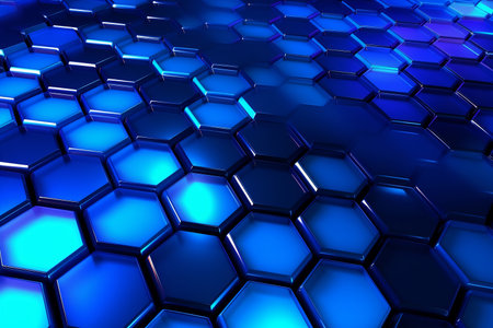 Blue black metallic background with hexagons.の素材