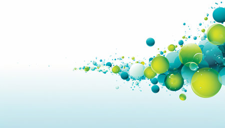 Light and refreshing abstract background with a cascade of lime green and turquoise bubbles.の素材