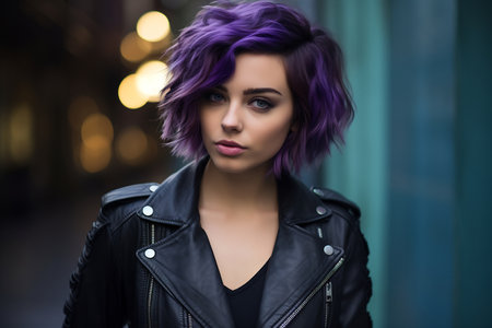 A captivating portrait of a young woman with short, tousled purple hair and striking green eyes, exuding a bohemian urban vibe.の素材