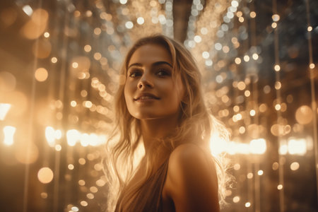 A young woman with a radiant smile amidst a dreamy bokeh of lightsの素材