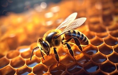 Detailed image of a honeybee on a golden honeycomb, capturing the vibrant essence of nature's sweetness.の素材