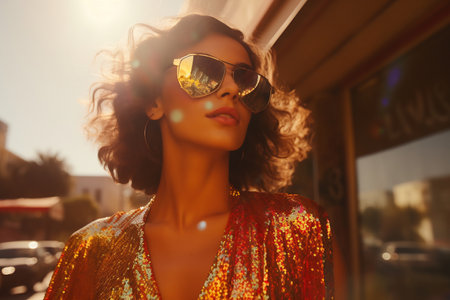 A woman in a sequined dress and reflective sunglasses exudes chic confidence amidst a bokeh of lightsの素材