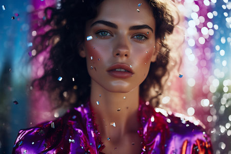 A young model with wavy hair and striking purple lipstick, wearing a dazzling sequin dress, against a bokeh light background.の素材