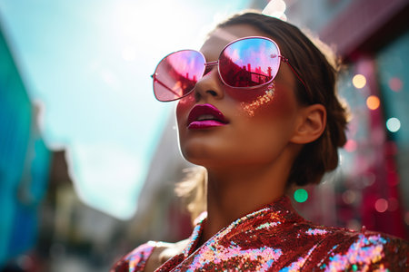 Woman in a sequined red dress and sunglasses, exemplifying fashion and eleganceの素材