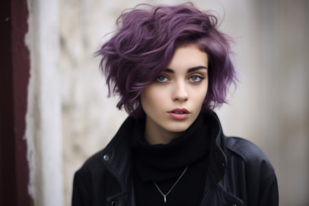 Piercing blue-eyed woman showcasing a vivid purple hairdo, wrapped in urban winter attire.の素材