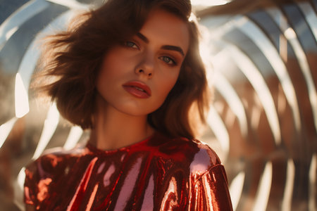 A striking close-up of a young woman with a radiant complexion, her bold burgundy lips complementing her sequined attire, captured in a luminous setting.の素材