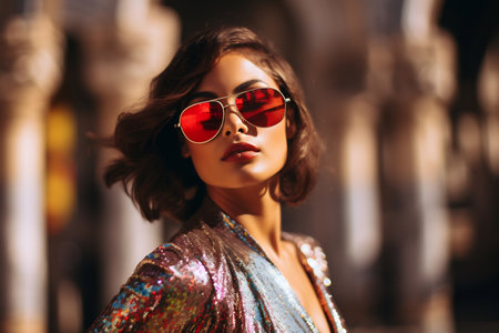 A fashion-forward woman in an iridescent dress and large mirrored sunglasses, against a colorful urban backdropの素材