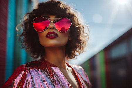 A stylish woman in a sparkling red dress and sunglassesの素材