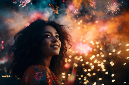 A woman is silhouetted against a vibrant backdrop of festive fireworks.の素材