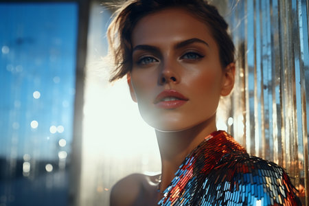 A woman showcases vivid eye makeup and a shimmering sequin dress, illuminated by golden sunlightの素材