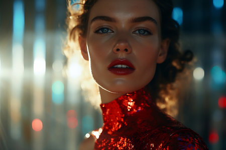 Mysterious woman in a crimson sequin outfit, with a bokeh light effect, portrays a modern enchantressの素材