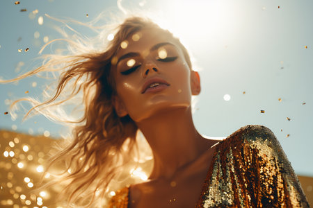 Stylish female model with elegant curls and golden dress shimmering in sunlightの素材