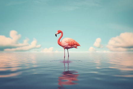 One flamingo standing peacefully alone in the water by cloudy sunset.の素材